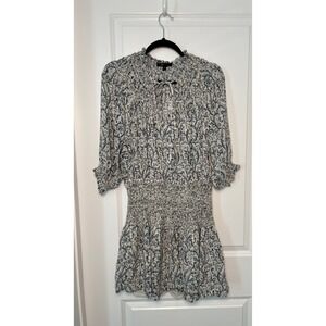 Frye Womens Medium Smocked Waist Mini‎ Dress Blue White Paisley Floral Boho